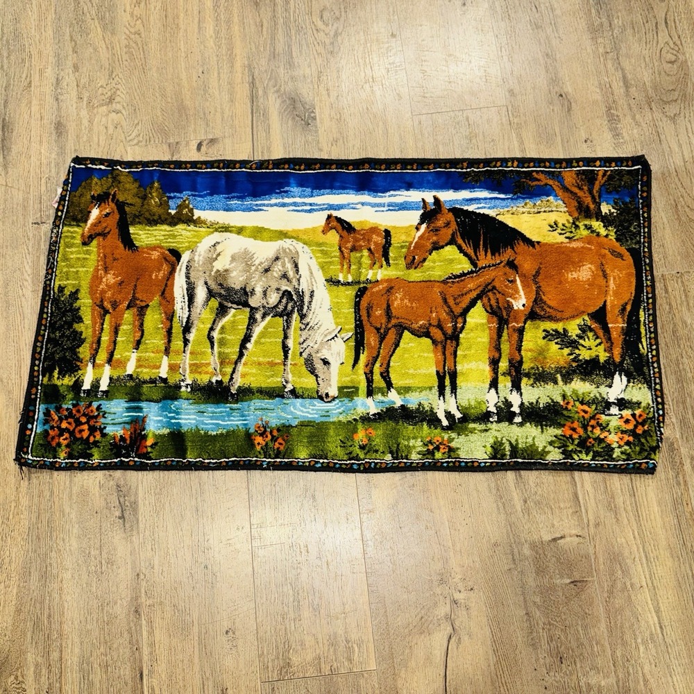 Vintage Western Velvet Tapestry Made in Lebanon Horses MCM 39X20
